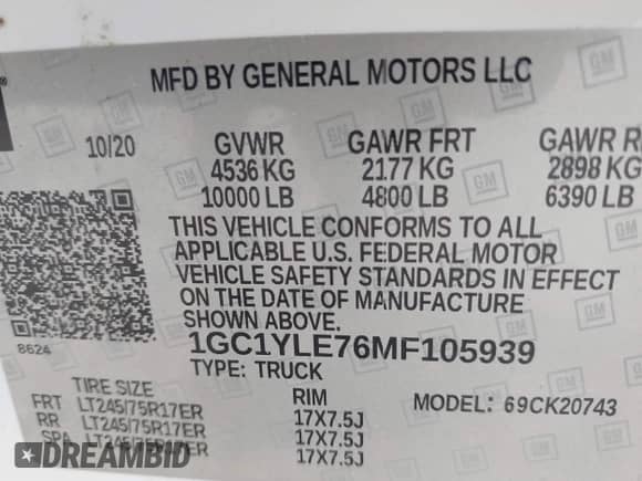 2021 Chevrolet Silverado 2500HD Work Truck z VIN 1GC1YLE76MF105939, wystawiony jako IAAI lot #42603293 z przebiegiem 102 423 mil mil oraz . Historia ofert i sprzedaży dostępna na DreamBid. Obrazek 9.