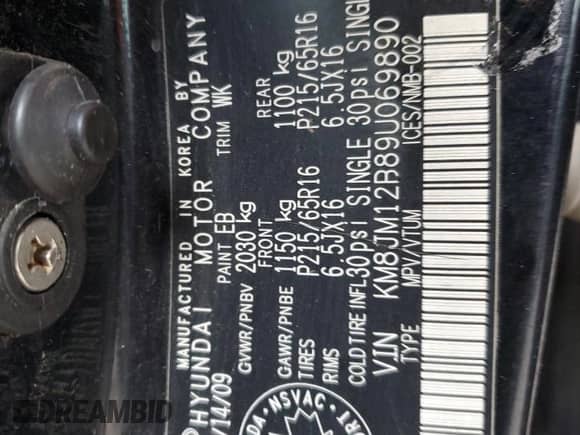 2009 Hyundai Tucson GLS с VIN KM8JM12B89U069890, выставлен на аукционе Copart как лот 85306255 с пробегом Не указан миль и На запчасти • Non repairable. История ставок и продаж доступна на DreamBid. Изображение 13.
