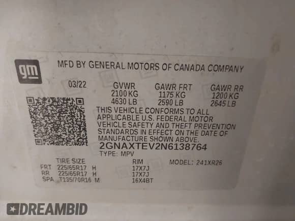 2022 Chevrolet Equinox LT с VIN 2GNAXTEV2N6138764, выставлен на аукционе IAAI как лот 42275323 с пробегом 183 106 миль миль и . История ставок и продаж доступна на DreamBid. Изображение 9.