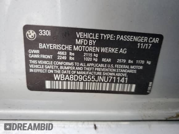 2018 BMW 3 Series 330i xDrive с VIN WBA8D9G55JNU71141, выставлен на аукционе Copart как лот 84186025 с пробегом Не указан миль и На запчасти • Non repairable. История ставок и продаж доступна на DreamBid. Изображение 12.