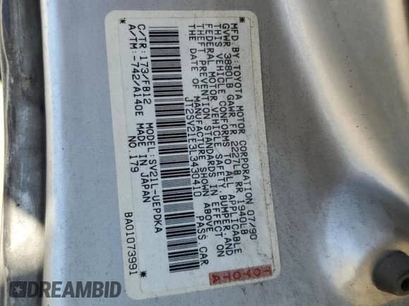 1990 Toyota Camry z VIN JT2SV21E3L3430410, wystawiony jako Copart lot #64526515 z przebiegiem 105 636 mil mil oraz Czysty tytuł • Clean title. Historia ofert i sprzedaży dostępna na DreamBid. Obrazek 12.