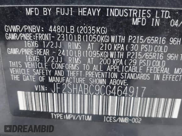 2012 Subaru Forester X z VIN JF2SHABC9CG464917, wystawiony jako IAAI lot #43517197 z przebiegiem 162 536 mil mil oraz . Historia ofert i sprzedaży dostępna na DreamBid. Obrazek 9.