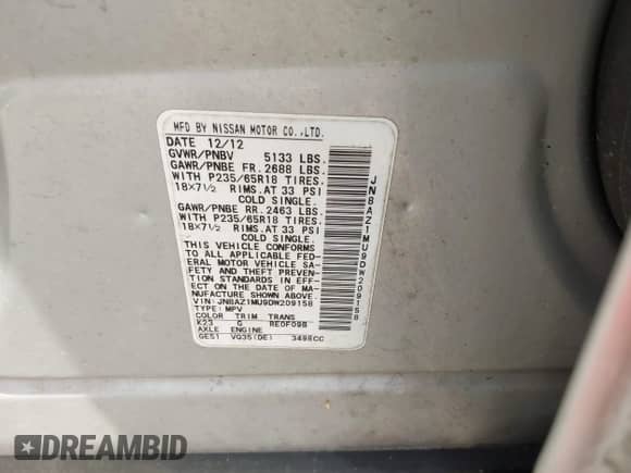 2013 Nissan Murano LE z VIN JN8AZ1MU9DW209158, wystawiony jako IAAI lot #42169956 z przebiegiem 179 020 mil mil oraz . Historia ofert i sprzedaży dostępna na DreamBid. Obrazek 9.