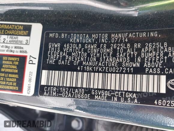 2014 Toyota Camry XLE с VIN 4T1BK1FK7EU027211, выставлен на аукционе IAAI как лот 43061289 с пробегом 178 168 миль миль и . История ставок и продаж доступна на DreamBid. Изображение 9.