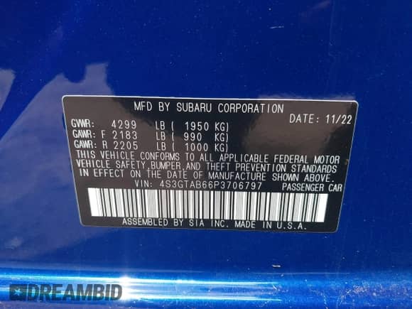 2023 Subaru Impreza with VIN 4S3GTAB66P3706797, listed as a IAAI auction lot 41838924 with 23,520 mi miles and . Bid and sale history available at DreamBid. Image 9.