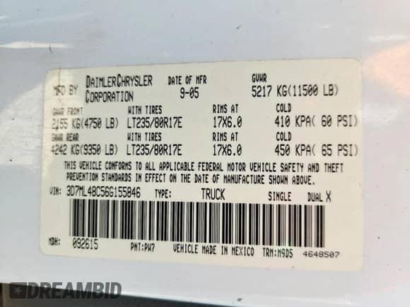 2006 Dodge 3500 SLT with VIN 3D7ML48C56G155846, listed as a Copart auction lot 68140205 with 302,436 mi miles and Salvage title. Bid and sale history available at DreamBid. Image 12.