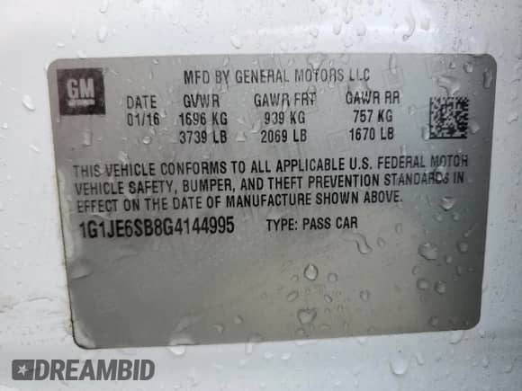 2016 Chevrolet Sonic LTZ with VIN 1G1JE6SB8G4144995, listed as a Copart auction lot 85915985 with 81,286 mi miles and Salvage title. Bid and sale history available at DreamBid. Image 12.