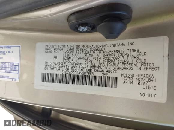 2004 Toyota Sienna XLE z VIN 5TDZA22C34S207668, wystawiony jako IAAI lot #43543397 z przebiegiem 213 009 mil mil oraz . Historia ofert i sprzedaży dostępna na DreamBid. Obrazek 9.