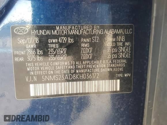 2019 Hyundai Santa Fe SE z VIN 5NMS23AD8KH036172, wystawiony jako Copart lot #67008695 z przebiegiem 80 548 mil mil oraz Nie do naprawy • Non repairable. Historia ofert i sprzedaży dostępna na DreamBid. Obrazek 13.