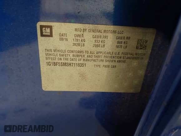 2017 Chevrolet Cruze Premier z VIN 1G1BF5SM3H7118351, wystawiony jako IAAI lot #43378142 z przebiegiem 64 471 mil mil oraz . Historia ofert i sprzedaży dostępna na DreamBid. Obrazek 9.