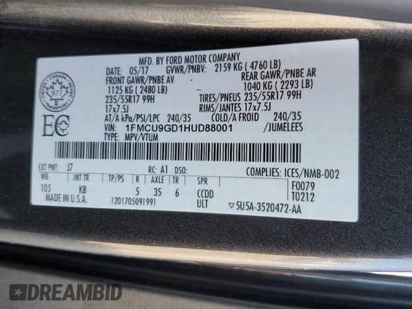 2017 Ford Escape SE с VIN 1FMCU9GD1HUD88001, выставлен на аукционе Copart как лот 69301435 с пробегом 270 864 миль миль и Чистый • Clean title. История ставок и продаж доступна на DreamBid. Изображение 13.