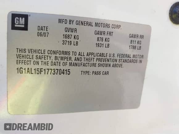 2007 Chevrolet Cobalt LT с VIN 1G1AL15F177370415, выставлен на аукционе IAAI как лот 43010521 с пробегом 112 842 миль миль и . История ставок и продаж доступна на DreamBid. Изображение 9.