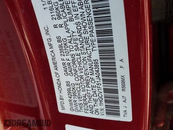 2018 Honda Accord EX-L с VIN 1HGCV1F51JA043895, выставлен на аукционе Copart как лот 71073035 с пробегом 68 262 миль миль и Списание • Salvage title. История ставок и продаж доступна на DreamBid. Изображение 13.