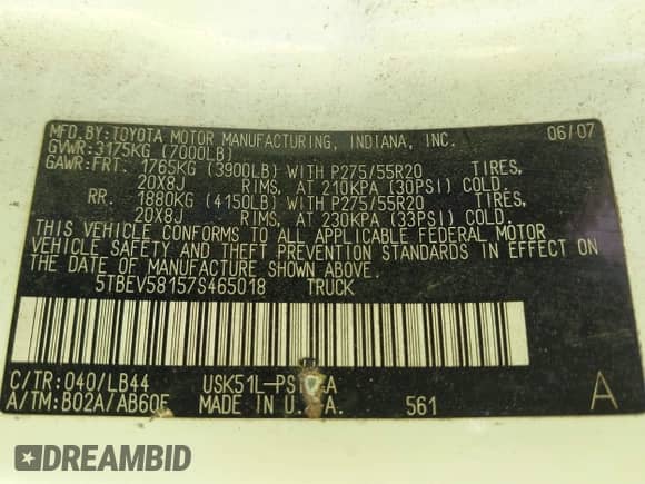 2007 Toyota Tundra Limited z VIN 5TBEV58157S465018, wystawiony jako IAAI lot #42750838 z przebiegiem 255 211 mil mil oraz . Historia ofert i sprzedaży dostępna na DreamBid. Obrazek 9.