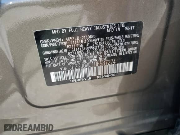 2017 Subaru Forester Touring z VIN JF2SJGWC1HH587274, wystawiony jako Copart lot #68068555 z przebiegiem Nie podano mil oraz Szkoda całkowita • Salvage title. Historia ofert i sprzedaży dostępna na DreamBid. Obrazek 13.