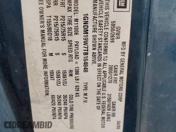 1996 Chevrolet Astro with VIN 1GNDM19W7TB164848, listed as a Copart auction lot 69095325 with 193,632 mi miles and Salvage title. Bid and sale history available at DreamBid. Image 13.