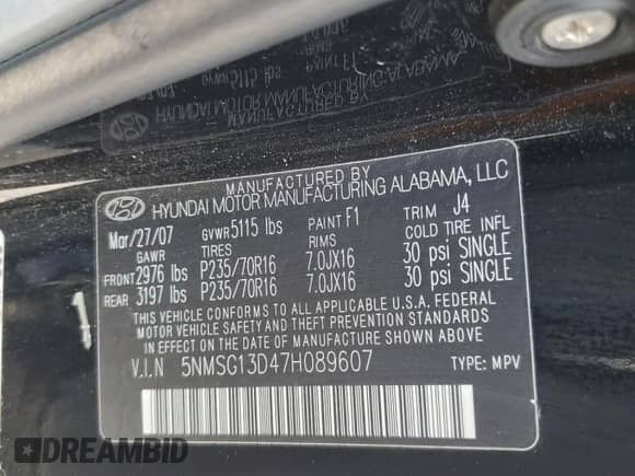 2007 Hyundai Santa Fe GLS с VIN 5NMSG13D47H089607, выставлен на аукционе Copart как лот 80881685 с пробегом 115 011 миль миль и Списание • Salvage title. История ставок и продаж доступна на DreamBid. Изображение 13.