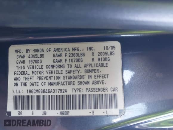 2006 Honda Accord EX-L z VIN 1HGCM66846A017924, wystawiony jako IAAI lot #42830589 z przebiegiem 244 429 mil mil oraz . Historia ofert i sprzedaży dostępna na DreamBid. Obrazek 9.