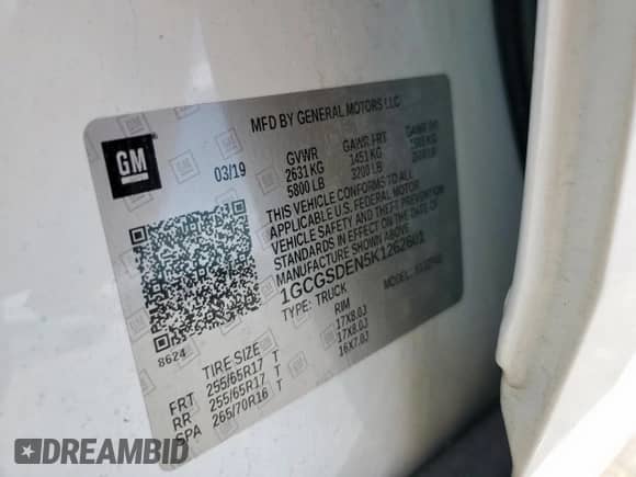 2019 Chevrolet Colorado 2WD Z71 with VIN 1GCGSDEN5K1262601, listed as a Copart auction lot 64580165 with 82,586 mi miles and Salvage title. Bid and sale history available at DreamBid. Image 14.