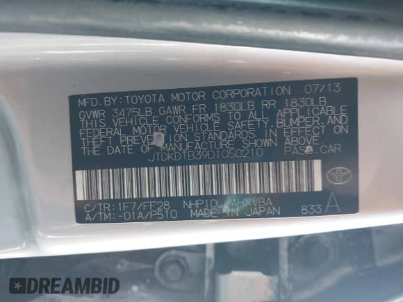 2013 Toyota Prius One with VIN JTDKDTB39D1050210, listed as a IAAI auction lot 43460088 with 282,557 mi miles and . Bid and sale history available at DreamBid. Image 9.