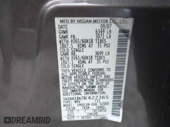 2008 Nissan Pathfinder LE z VIN 5N1BR18A78C627365, wystawiony jako IAAI lot #43398890 z przebiegiem Nie podano mil oraz . Historia ofert i sprzedaży dostępna na DreamBid. Obrazek 9.