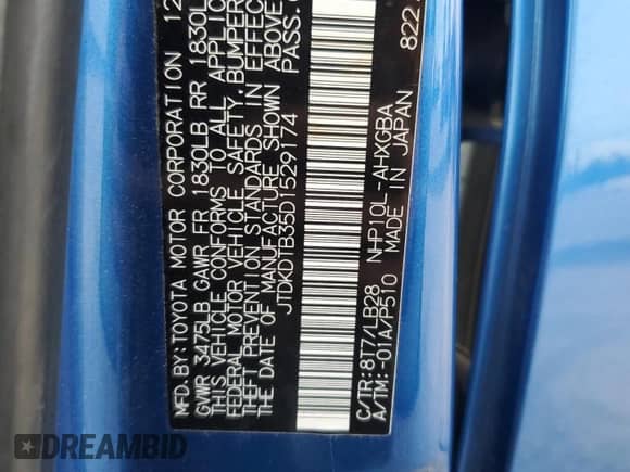 2013 Toyota Prius Three with VIN JTDKDTB35D1529174, listed as a Copart auction lot 82282345 with 55,089 mi miles and Salvage title. Bid and sale history available at DreamBid. Image 13.