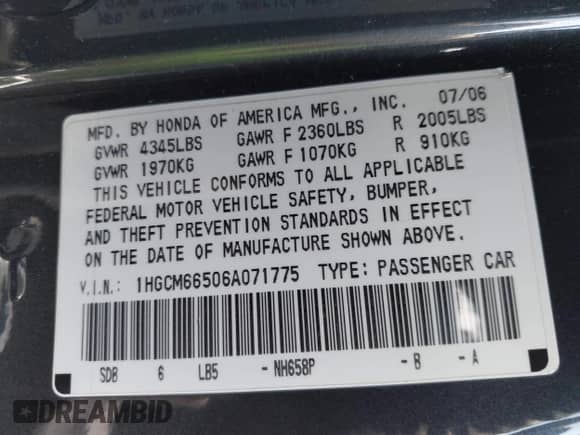 2006 Honda Accord EX-L with VIN 1HGCM66506A071775, listed as a IAAI auction lot 43053877 with 209,077 mi miles and . Bid and sale history available at DreamBid. Image 9.