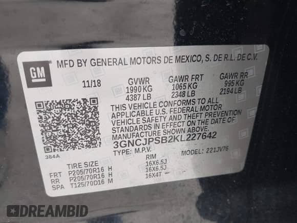 2019 Chevrolet Trax LT с VIN 3GNCJPSB2KL227642, выставлен на аукционе IAAI как лот 43096584 с пробегом 56 410 миль миль и . История ставок и продаж доступна на DreamBid. Изображение 9.