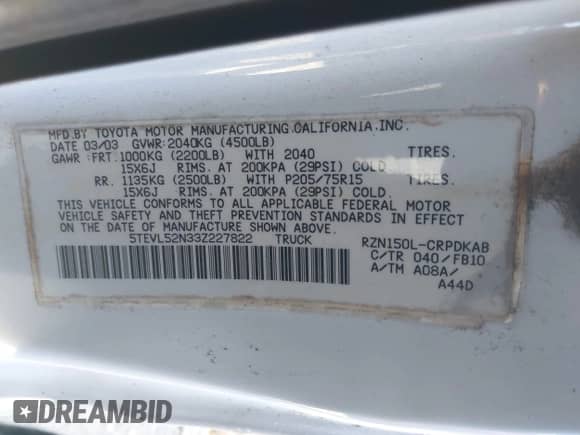 2003 Toyota Tacoma с VIN 5TEVL52N33Z227822, выставлен на аукционе IAAI как лот 43506827 с пробегом 230 709 миль миль и . История ставок и продаж доступна на DreamBid. Изображение 9.
