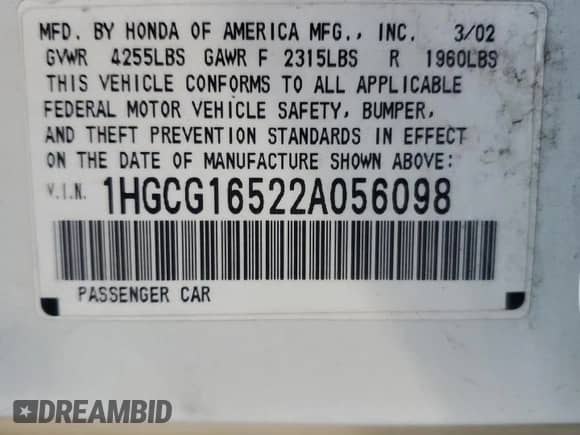 2002 Honda Accord EX with VIN 1HGCG16522A056098, listed as a Copart auction lot 82489245 with 124,846 mi miles and Clean title. Bid and sale history available at DreamBid. Image 12.