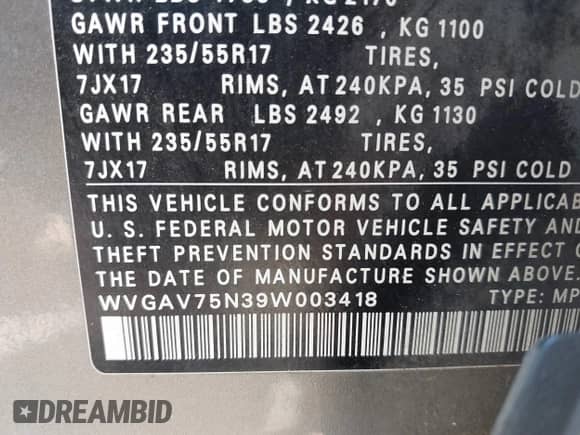 2009 Volkswagen Tiguan S с VIN WVGAV75N39W003418, выставлен на аукционе IAAI как лот 42228870 с пробегом 173 548 миль миль и . История ставок и продаж доступна на DreamBid. Изображение 9.