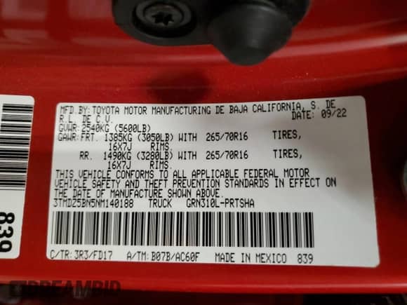 2022 Toyota Tacoma SR5 with VIN 3TMDZ5BN5NM140188, listed as a Copart auction lot 63706125 with Not provided miles and Salvage title. Bid and sale history available at DreamBid. Image 13.