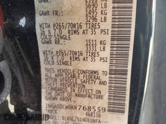 2019 Nissan Frontier SV with VIN 1N6AD0CW6KN768559, listed as a Copart auction lot 59160075 with Not provided miles and Salvage title. Bid and sale history available at DreamBid. Image 12.