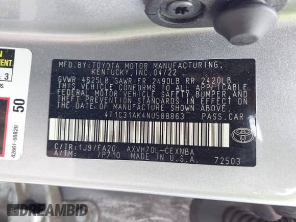 2022 Toyota Camry Hybrid LE with VIN 4T1C31AK4NU588863, listed as a IAAI auction lot 42375893 with 218,285 mi miles and . Bid and sale history available at DreamBid. Image 9.