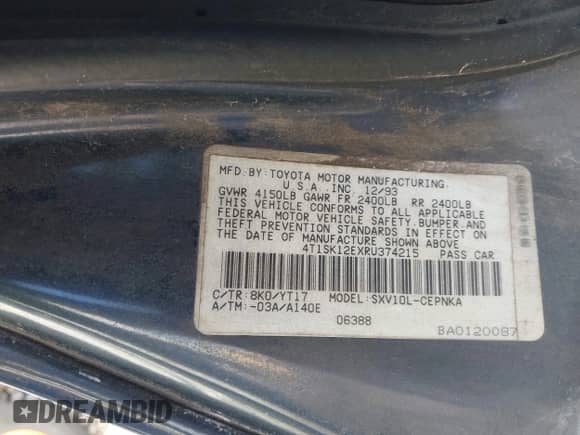 1994 Toyota Camry LE z VIN 4T1SK12EXRU374215, wystawiony jako IAAI lot #41581093 z przebiegiem 80 397 mil mil oraz . Historia ofert i sprzedaży dostępna na DreamBid. Obrazek 9.