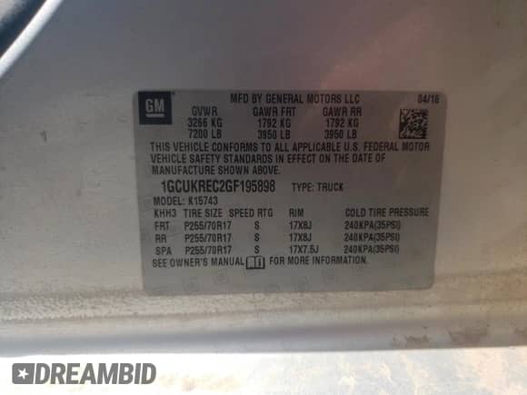 2016 Chevrolet Silverado 1500 LT with VIN 1GCUKREC2GF195898, listed as a Copart auction lot 69491844 with 133,275 mi miles and Clean title. Bid and sale history available at DreamBid. Image 12.