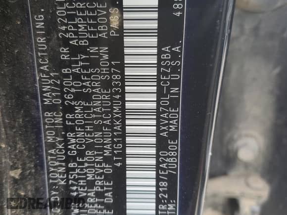 2021 Toyota Camry SE Nightshade z VIN 4T1G11AKXMU433871, wystawiony jako Copart lot #72013235 z przebiegiem 121 192 mil mil oraz Szkoda całkowita • Salvage title. Historia ofert i sprzedaży dostępna na DreamBid. Obrazek 12.