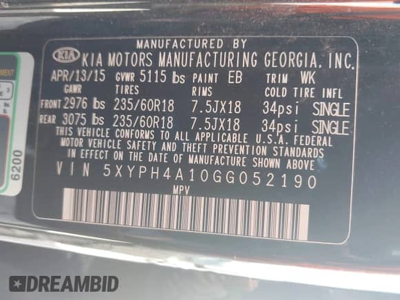 2016 Kia Sorento EX with VIN 5XYPH4A10GG052190, listed as a IAAI auction lot 42714451 with 59,526 mi miles and . Bid and sale history available at DreamBid. Image 9.