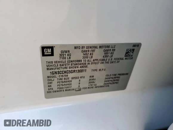 2016 Chevrolet Tahoe LTZ с VIN 1GNSCCKC5GR136811, выставлен на аукционе Copart как лот 70662485 с пробегом 142 782 миль миль и Списание • Salvage title. История ставок и продаж доступна на DreamBid. Изображение 13.