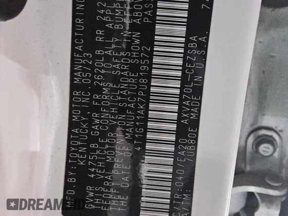 2023 Toyota Camry SE с VIN 4T1G11AK7PU819572, выставлен на аукционе Copart как лот 71158875 с пробегом 34 583 миль миль и Списание • Salvage title. История ставок и продаж доступна на DreamBid. Изображение 12.