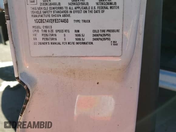 2000 Chevrolet Silverado 1500 with VIN 1GCEC14V3YE374450, listed as a Copart auction lot 46484315 with 172,096 mi miles and Salvage title. Bid and sale history available at DreamBid. Image 12.