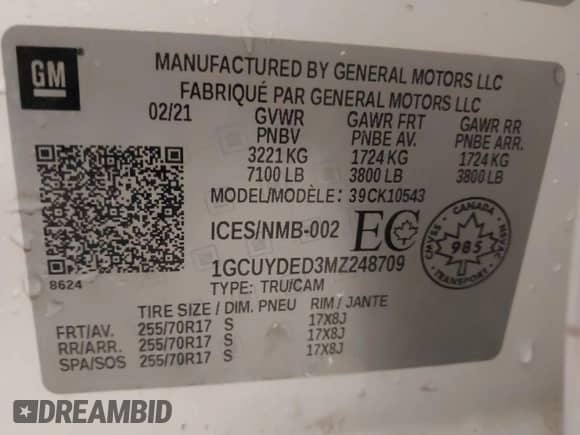 2021 Chevrolet Silverado 1500 LT with VIN 1GCUYDED3MZ248709, listed as a IAAI auction lot 42906469 with Not provided miles and . Bid and sale history available at DreamBid. Image 9.