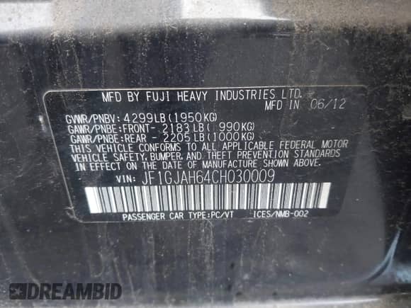 2012 Subaru Impreza Limited with VIN JF1GJAH64CH030009, listed as a IAAI auction lot 43537228 with 133,754 mi miles and . Bid and sale history available at DreamBid. Image 9.