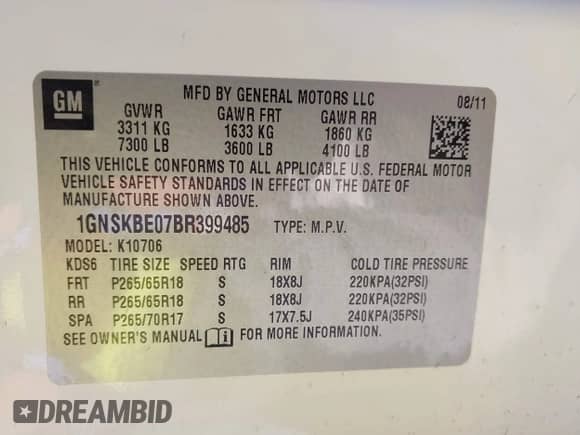2011 Chevrolet Tahoe LT с VIN 1GNSKBE07BR399485, выставлен на аукционе IAAI как лот 43258165 с пробегом 148 033 миль миль и . История ставок и продаж доступна на DreamBid. Изображение 9.