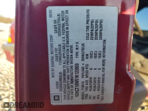 2001 Chevrolet Blazer LS z VIN 1GNCT18W51K123809, wystawiony jako Copart lot #86491294 z przebiegiem 211 514 mil mil oraz Szkoda całkowita • Salvage title. Historia ofert i sprzedaży dostępna na DreamBid. Obrazek 13.