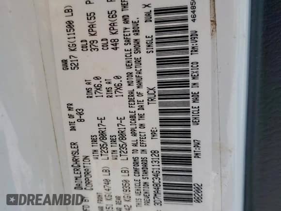 2004 Dodge 3500 SLT с VIN 3D7MA48C34G113128, выставлен на аукционе Copart как лот 65429355 с пробегом 286 594 миль миль и Списание • Salvage title. История ставок и продаж доступна на DreamBid. Изображение 12.