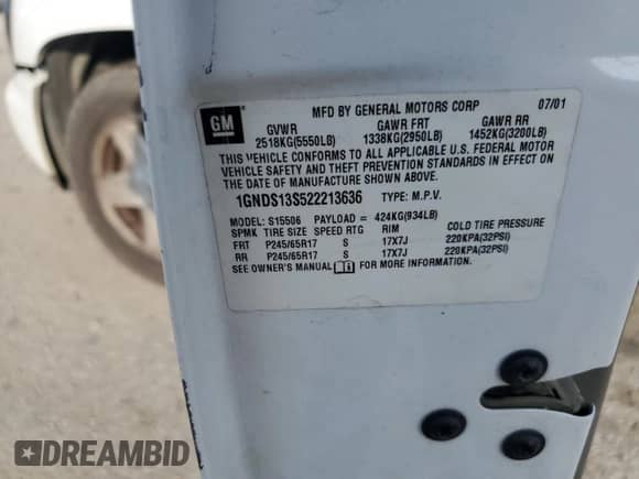 2002 Chevrolet TrailBlazer LTZ with VIN 1GNDS13S522213636, listed as a Copart auction lot 82784704 with Not provided miles and Salvage title. Bid and sale history available at DreamBid. Image 16.