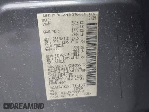 2020 Nissan Murano S with VIN 5N1AZ2AJ8LN120337, listed as a IAAI auction lot 42366306 with 86,083 mi miles and . Bid and sale history available at DreamBid. Image 9.