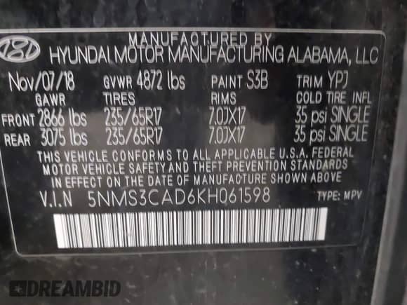 2019 Hyundai Santa Fe SEL с VIN 5NMS3CAD6KH061598, выставлен на аукционе IAAI как лот 43055818 с пробегом 92 489 миль миль и . История ставок и продаж доступна на DreamBid. Изображение 9.