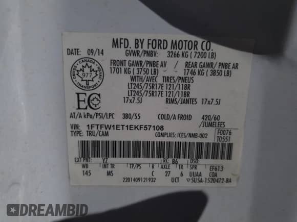 2014 Ford F-150 XL с VIN 1FTFW1ET1EKF57108, выставлен на аукционе Copart как лот 87426955 с пробегом 126 274 миль миль и Списание • Salvage title. История ставок и продаж доступна на DreamBid. Изображение 12.